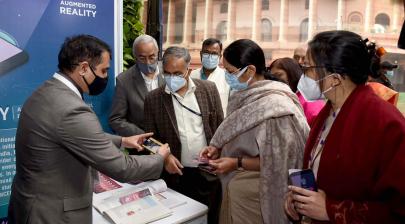 The Minister of State for Education, Smt. Annpurna Devi visiting an exhibition at the presentation of the National ICT Award Ceremony for School Teachers, in New Delhi on February 28, 2022