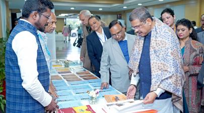 Shri Dharmendra Pradhan visits the exhibition showcased at the ceremonial release ceremony of Publications on Classical Languages