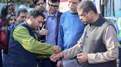 The Union Minister for Education, Shri Dharmendra Pradhan laying the foundation stone Girls Hostal 50B, at IIT Delhi