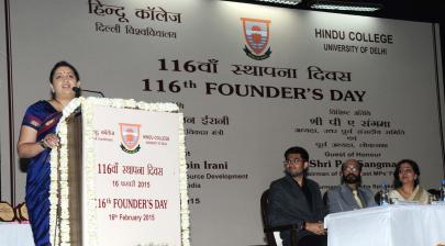 The Union Minister for HRD, Smt. Smriti Irani addressing at the 116th Founder's Day of Hindu College, University of Delhi, in New Delhi on February 16, 2015.