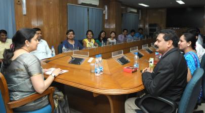 The HRD Minister interacting with the first batch of 17 NITs Scholars in Residence Programme, New Delhi